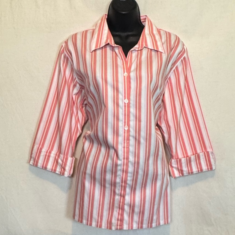 G-72 Liz Claiborne NWOT Pink & White Stripe Button Down Blouse Size L